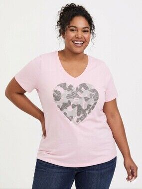 Jusr My Size Plus Size Pink V-Neck Short Sleeve Tee with Silver Heart Graphic